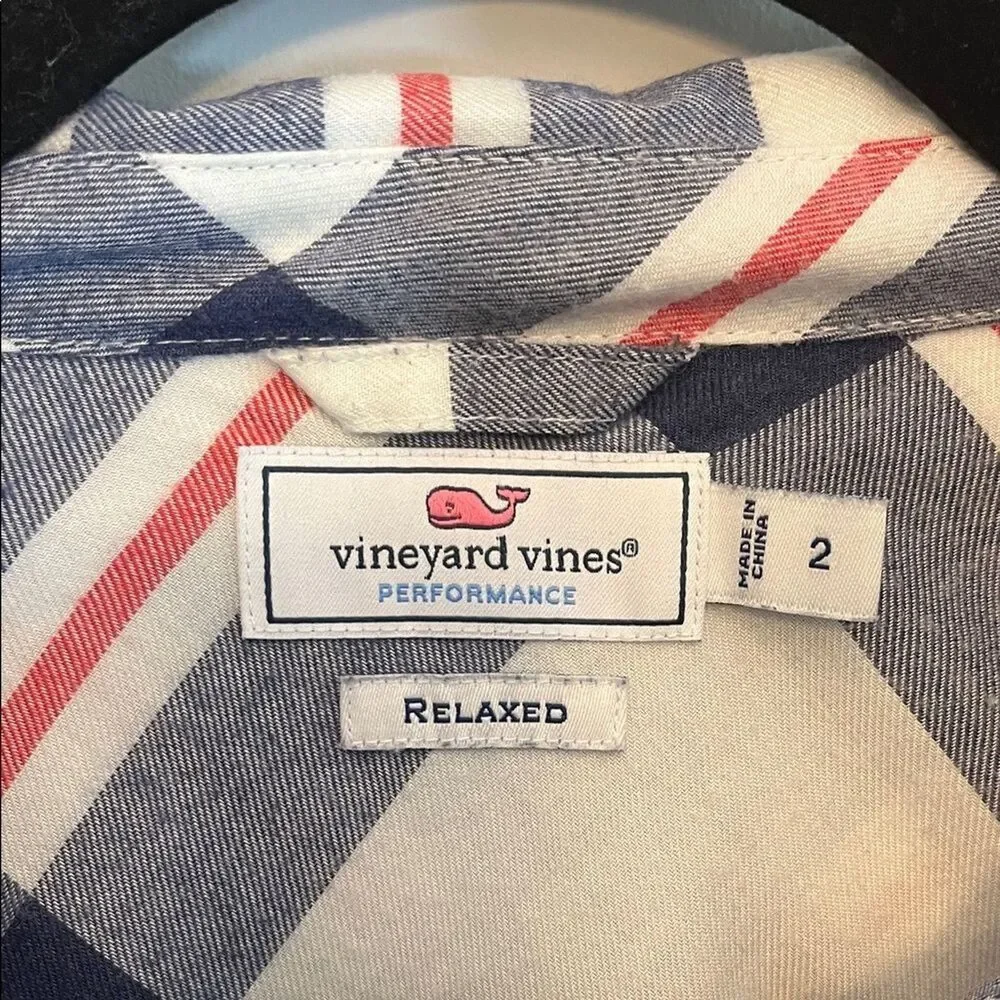 Vineyard Vines Womens Plaid Button Down Shirt Navy Red Cream Long Sleeve Size 2 - Picture 2 of 8